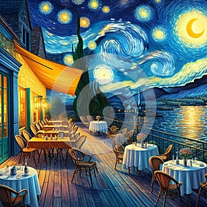 A terrace cafe with beautiful sea view, in a starry sky night, againts the moonlit, romantic scene, digital painting art, Van Gogh