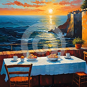 A terrace cafe woth setting sun, on the edge of a cliff, overlooking a vast ocean, romance, serenity, painting art