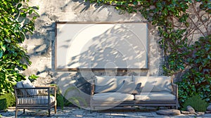 Terrace with chairs,bench sofa and a blank picture frame on a wall