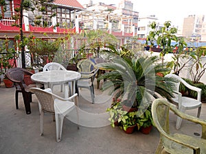 Terrace of classic vintage retro building resort for nepali people living and foreign guest travelers travel visit rent rest relax