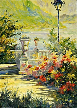Terrace with flowers and a lantern