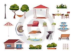 Terrace furniture. Gardening items for working and relax time fireplace tables bbq chairs hammock gazebo exact vector