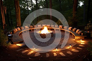 A terrace with a glowing fire-pit under the starlit night. Generate Ai photo