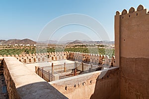 Terrace of the Jabreen Castle with the fields of date palms in background, Oman