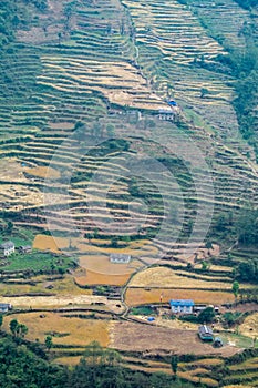 Terrace land in Nepal, agriculture and houses on terraces