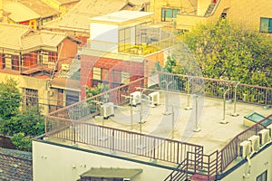 Terrace with laundry drying on a rope . ( Filtered image proce