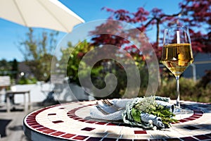 Terrace with mediterranean table decoration