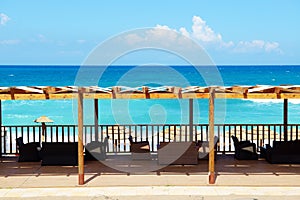 The terrace near beach on Ionian Sea at luxury hotel