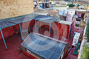 Terrace on the one of the roofs in medina quarter of Fez in Morocco. The medina of Fez is listed as a World Heritage Site and is