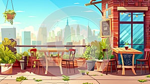 Terrace, outdoor city cafe, coffeehouse, with wooden tables, chairs, and potted plants. Chalkboard menu on cityscape photo