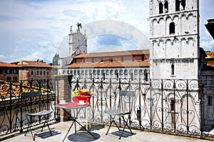 Terrace overlooking cathedral of Lucca, Tuscany, Italy