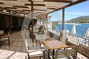 The terrace and panoramic views of the Ionian Sea in Greece.