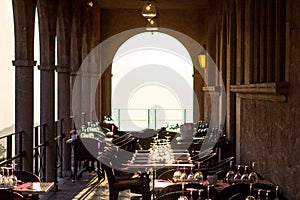 Restaurant of the Cura Monastery at sunset, Mallorca, Spain