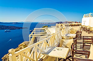 Terrace with scenic view of Santorini island Caldera Greece