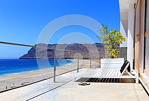 Terrace with sunloungers, Praia de Sao Pedro, Island Sao Vicente, Cape Verde, Cabo Verde, Africa