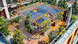 Terrace Tranquility: Solar Panels Meet Greenery in Eco-Home's Embrace, generative ai