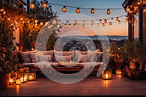 Terrace at twilight, illuminated by lanterns and garlands, with upholstered furniture