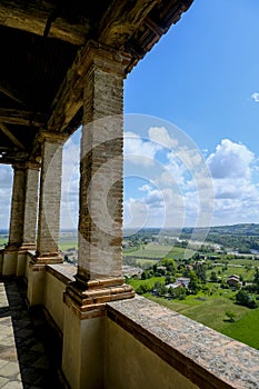 terrace view from the Castle Castello Torrechiara in Langhirano, Emilia-Romagna, Italy across ceiling and columns