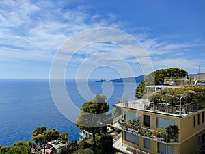 A terrace with a view. Liguria. Italy. Seaside. Mediterranean see. photo