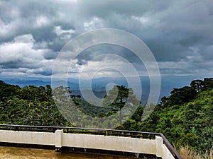 Terrace view plattform point tree rain forest green valey mountain jungle tour pai north chiang mai thailand dark sky