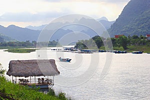 Terrace view river karst mountains sunset, Phong Nha, Vietnam