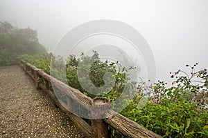 Terrace view with safety bar on the forest mountain with cold mist