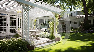 the terrace with white wooden gazebo of a house near a garden.