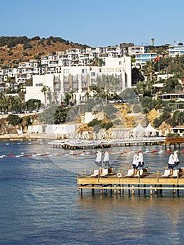 Terraced beaches around Bodrum, Turkey. Great summer mood. Vertical