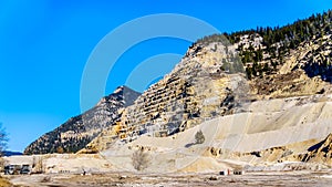 The terraced mountain side of a limestone Quarry in Marble Canyon Provincial Park in BC Canada