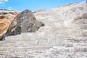 The terraces made of crystallized calcium carbonate at Mammoth Hot Springs. Yellowstone Park, USA