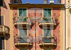 Terraces on painted residences along the promenade of Santa Margherita Ligure, Italy