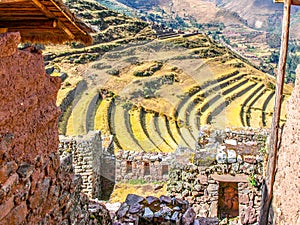 Terraces of Pisac ruins. Incan citadel in Urubamba sacred valley, Peru