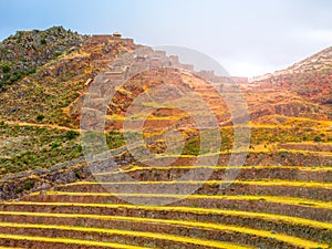 Terraces of Pisaq ruins. Incan citadel in Urubamba valley, Peru, Latin America