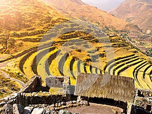 Terraces of Pisaq ruins. Incan citadel in Urubamba valley, Peru, Latin America