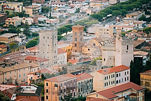 Terracina, Italy. Cityscape With Tower Of Cathedral Of San Cesareo