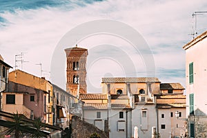 Terracina, Italy. Houses And Tower Of Cathedral Of San Cesareo Built On Podium Of Temple Of Roma And Augustus