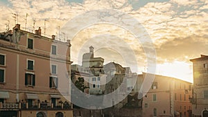 Terracina, Italy. Piazza Municipio And View Of Castle Castello Frangipane In Upper Town In Sunrise Time