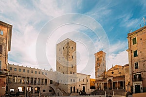 Terracina, Italy. Tower Of Cathedral Of San Cesareo And Town Hall In Sunny Day