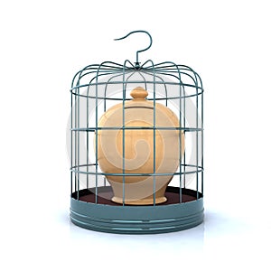 Terracotta money bank closed in a cage