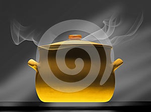 Terracotta pot on mirror surface - with steam