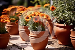 Terracotta pots flowers. Generate Ai