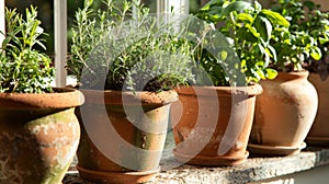 Terracotta Pots with Fresh Herbs on Sunny Windowsill