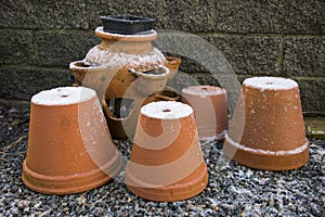Terracotta pots in winter