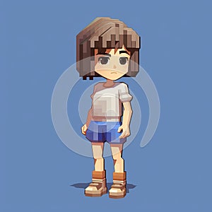 Terracotta Villagecore: A Pixel Girl Character In Blue Shorts