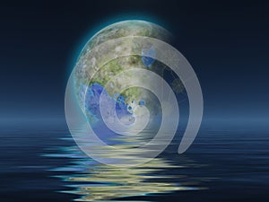 Terraformed Luna rises over water