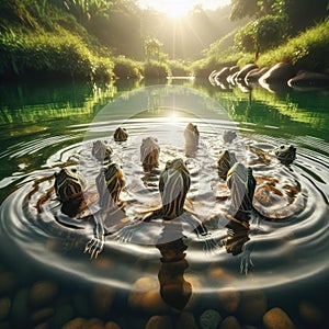 Terrapins swimming in pond, bobbing heads up out of water