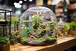 Terrarium filled with vibrant plants and small amphibians. Generative AI photo