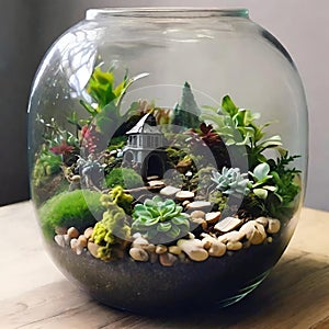 Terrarium jar with little forest and a self ecosystem , Small decoration plants in a glass bowl, Terrarium , terrarium plants