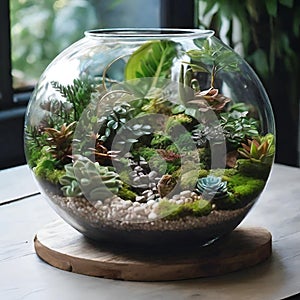 Terrarium jar with little forest and a self ecosystem , Small decoration plants in a glass bowl, Terrarium , terrarium plants