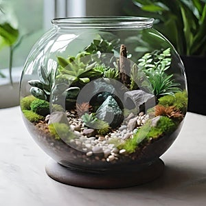 Terrarium jar with little forest and a self ecosystem , Small decoration plants in a glass bowl, Terrarium , terrarium plants